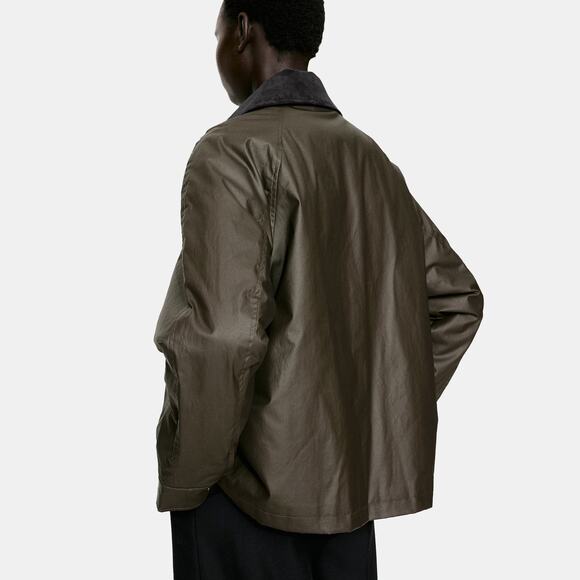 H&M Waxed Jacket Car Coat Barn Olive Khaki Green Brown Corduroy Collar small - Picture 3 of 7